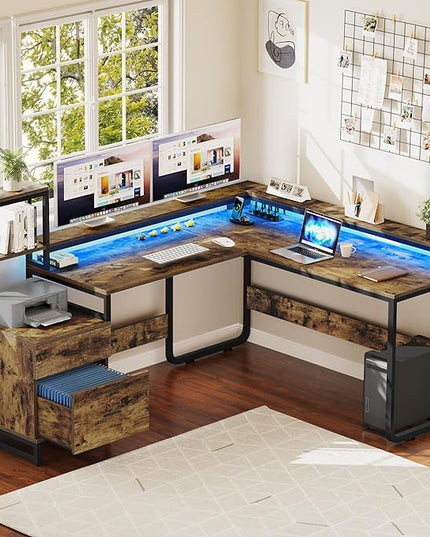 YITAHOME L Shaped Desk with Power Outlets & Hutch, Computer Desk with Drawers & LED Lights, Reversible Corner Office Desk with Printer Stand for Home Office, Rustic Brown - LeafyLoom