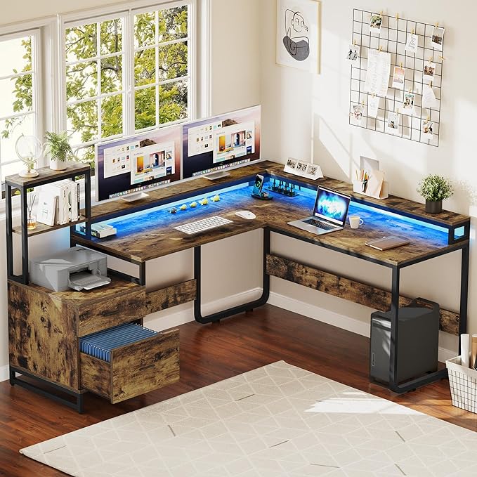 YITAHOME L Shaped Desk with Power Outlets & Hutch, Computer Desk with Drawers & LED Lights, Reversible Corner Office Desk with Printer Stand for Home Office, Rustic Brown - LeafyLoom
