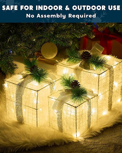 Joiedomi Christmas Lighted Gift Boxes, Christmas Decorations Set of 3, Light up Present Boxes, 60 LED Warm White Lights for Indoor Holiday Décor, Christmas Eve Night Décor Joiedomi