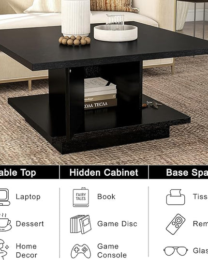 24/7 Shop at Home Lukas 31 inch Square Coffee Table with Hidden Storage and Base Shelf, Contemporary Furniture for Living Room, Home Office, Apartment, Small Space, Black - LeafyLoom