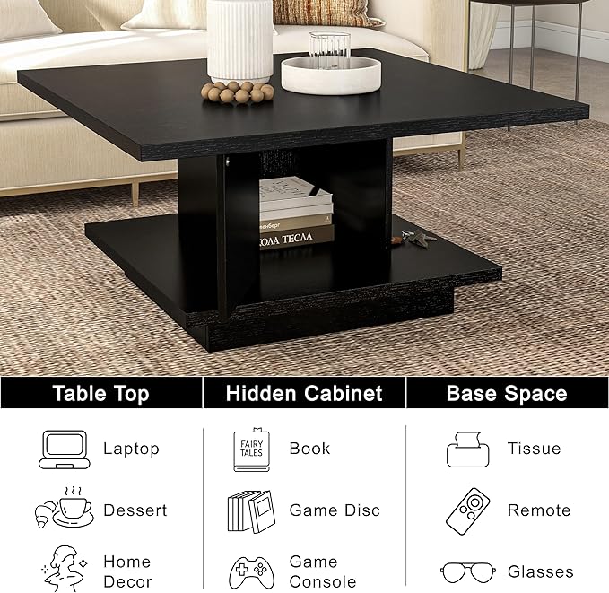 24/7 Shop at Home Lukas 31 inch Square Coffee Table with Hidden Storage and Base Shelf, Contemporary Furniture for Living Room, Home Office, Apartment, Small Space, Black - LeafyLoom