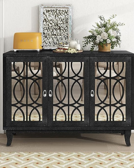 Multifunctional Sideboard with Glass, Vintage 3 Door Mirrored Buffet Cabinet,W/Silver Handle,Easy to Assemble,Console Table for Living Room Hallway Entryway,Black, 47.2" - LeafyLoom
