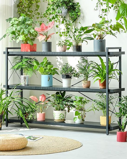 HCHQHS Bookshelf, 3-Tier Long Industrial Bookcase, Black Open Book Shelf, Freestanding Horizontal Bookshelves with Metal Frame - LeafyLoom