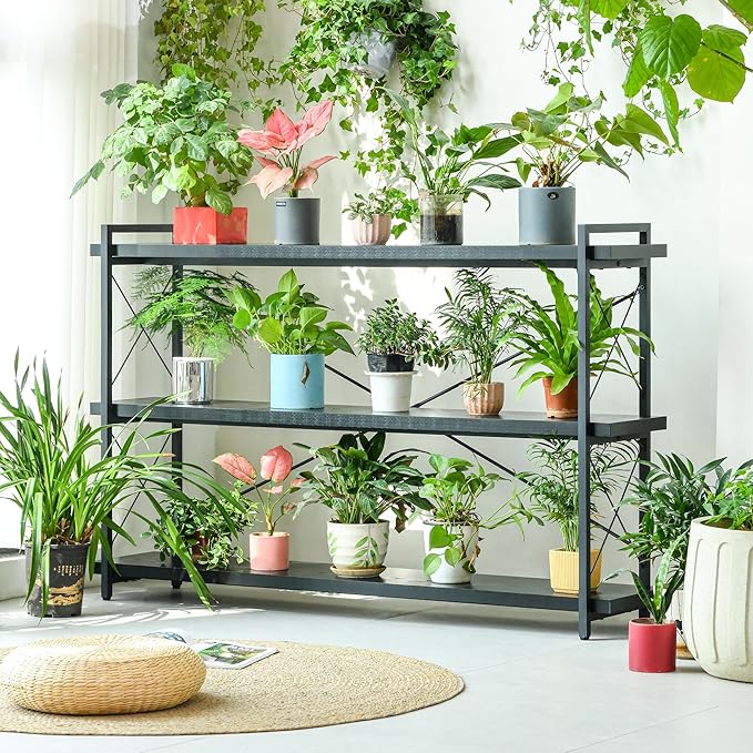 HCHQHS Bookshelf, 3-Tier Long Industrial Bookcase, Black Open Book Shelf, Freestanding Horizontal Bookshelves with Metal Frame - LeafyLoom
