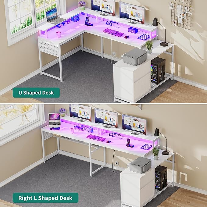YITAHOME U Shaped Desk, L Shaped Desk with Drawers, Reversible Computer Desk with Power Outlets & LED Lights, Corner Desk Office Desk with Monitor Stand & Storage Shelves, White - LeafyLoom