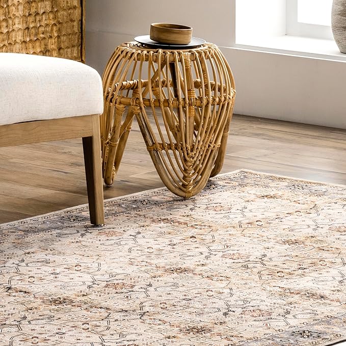 nuLOOM Annelle Floral Border Machine Washable Ultra Thin Area Rug, 8' x 10', Beige - LeafyLoom