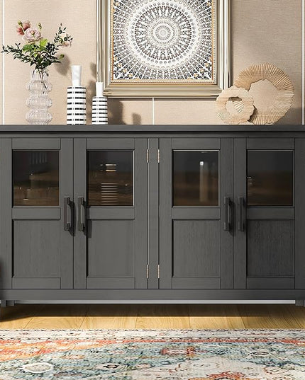 Merax Farmhouse Sideboard Buffet Cabinet with Storage, 4 Door Wood Cupboard w/Adjustable Shelves, Console Table for Kitchen, Dining/Living Room, Grey - LeafyLoom