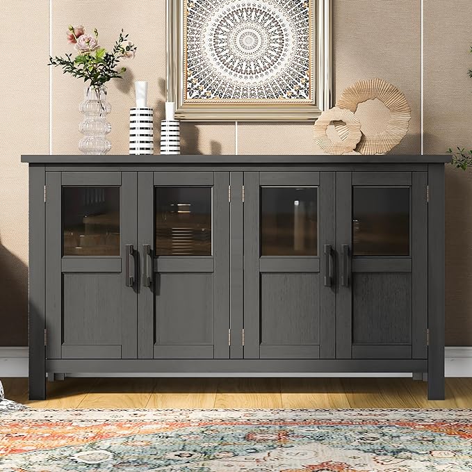 Merax Farmhouse Sideboard Buffet Cabinet with Storage, 4 Door Wood Cupboard w/Adjustable Shelves, Console Table for Kitchen, Dining/Living Room, Grey - LeafyLoom