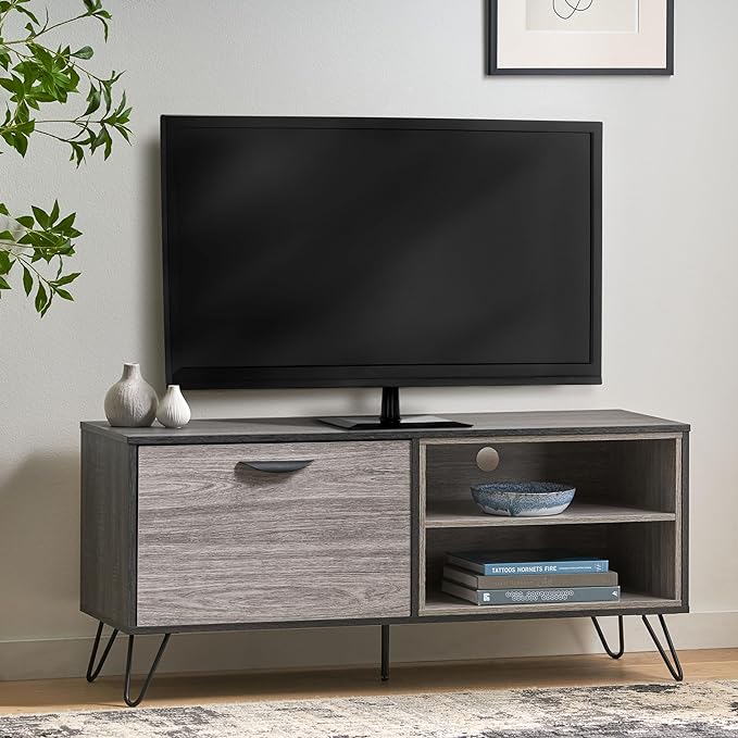 Merax Stand for TVs Up to 50 Inch, Modern Entertainment Center with Fold 2 Shelves Cable Management Media Console Table Television Cabinet for Living Room, Bedroom, 47.3" Long, Light Gray - LeafyLoom