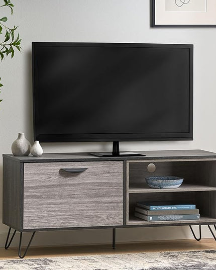 48 Inch Classic Wood TV Stand, Modern Entertainment Center Console Table, Metal Base with 1 Open and 2 Closed Storage Space for Livingroom Bedroom, Gray - LeafyLoom