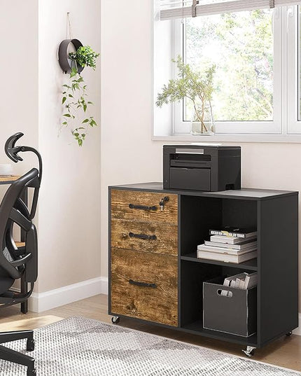 Yaheetech Lateral File Cabinet with Lock for Letter, A4 Size, 3 Drawer Printer Stand with Open Storage Compartments, Mobile Filing Cabinet for Home Office, Black/Rustic Brown - LeafyLoom