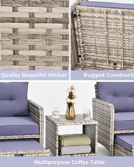 Pamapic 5 Pieces Outdoor Patio Wicker Chairs Set with Ottoman .Outside Conversation Furniture Set with Cushions and Coffee for Balcony Porch Lawn Garden Table (Purple Cushion + Grey Rattan) - LeafyLoom