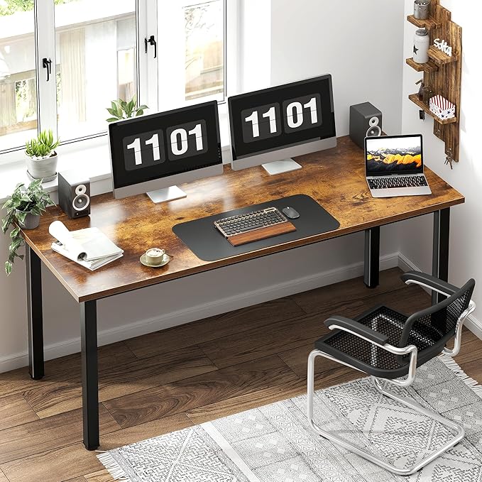 Need 63 Inch Large Computer Desk - Modern Simple Style Home Office Gaming Desk, Basic Writing Table for Study Student, Black Metal Frame, Rustic Brown - LeafyLoom