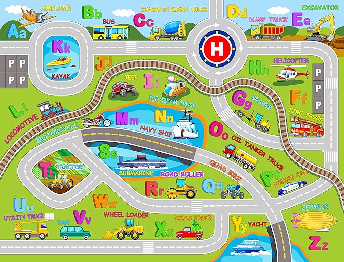 Booooom Jackson Large Kids Car Rug,Train Rug,ABC Alphabet Nursery Rug for Kids,Car Play Rug for Kids Playroom,Race Track Rug,Car Play Mat,Road Rug for Toddlers,Car Mat Car Carpet for Kids Room - LeafyLoom