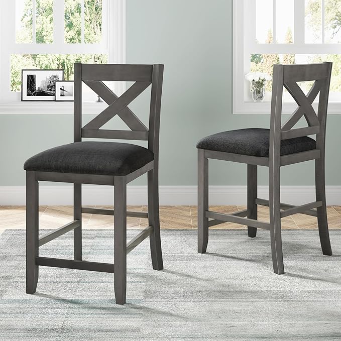 Farmhouse Style Counter Height Rustic 4 Chairs, Long-Lasting Solid Rubber Wooden Bar, Easy Assembly, Room, Kitchen, 5 Piece Dining Table Set, Gray 10 - LeafyLoom