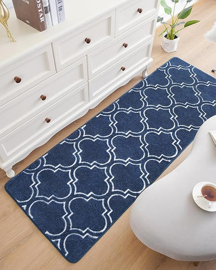 Chicrug Shag Geometric Modern Runner Rug for Bedroom, 2x6 Feet Memory Foam Indoor Hallway Runner Carpet, Fluffy Rug for Living Room Bedside Room Decor for Family, Navy/White - LeafyLoom