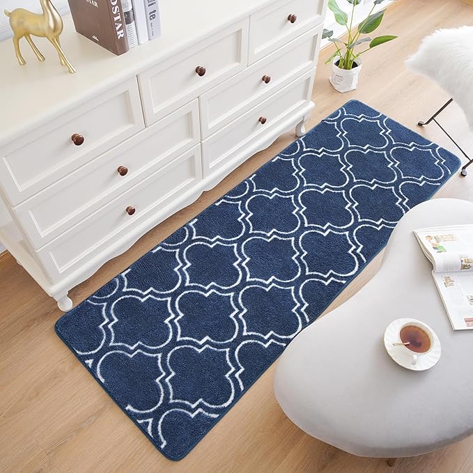Chicrug Shag Geometric Modern Runner Rug for Bedroom, 2x6 Feet Memory Foam Indoor Hallway Runner Carpet, Fluffy Rug for Living Room Bedside Room Decor for Family, Navy/White - LeafyLoom