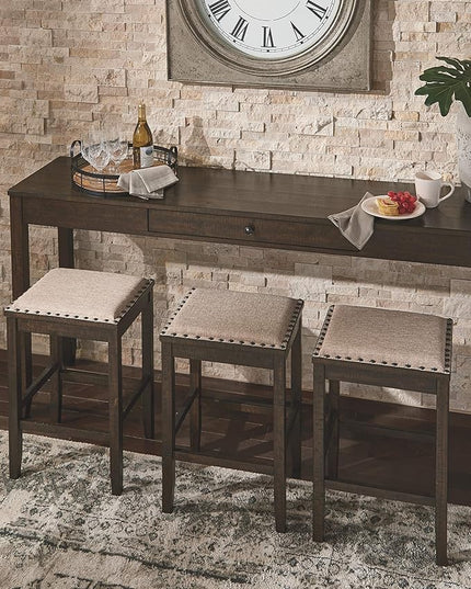 Signature Design by Ashley Rokane Urban Farmhouse 25" Counter Height Dining Room Table Set with 3 Bar Stools, Brown - LeafyLoom