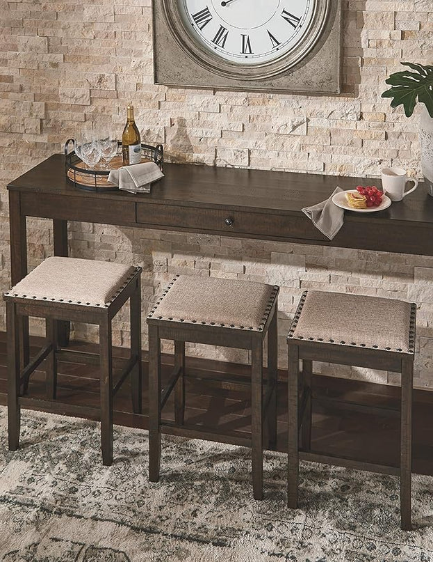 Signature Design by Ashley Rokane Urban Farmhouse 25" Counter Height Dining Room Table Set with 3 Bar Stools, Brown - LeafyLoom