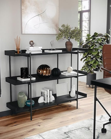 Martha Stewart Emmett 3 Shelf Bookcase with Vertical Metal Frame, Home Office Storage Display Unit, 35"H, Black Wood Grain/Oil Rubbed Bronze - LeafyLoom