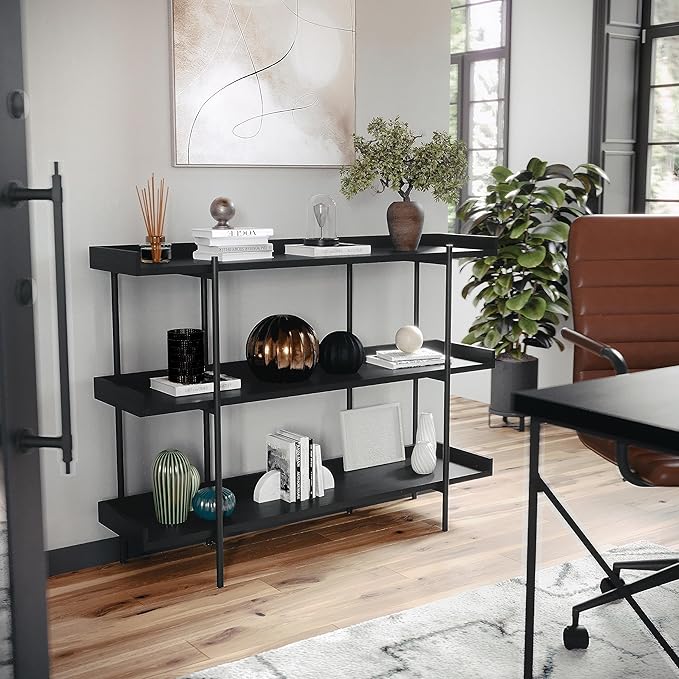 Martha Stewart Emmett 3 Shelf Bookcase with Vertical Metal Frame, Home Office Storage Display Unit, 35"H, Black Wood Grain/Oil Rubbed Bronze - LeafyLoom