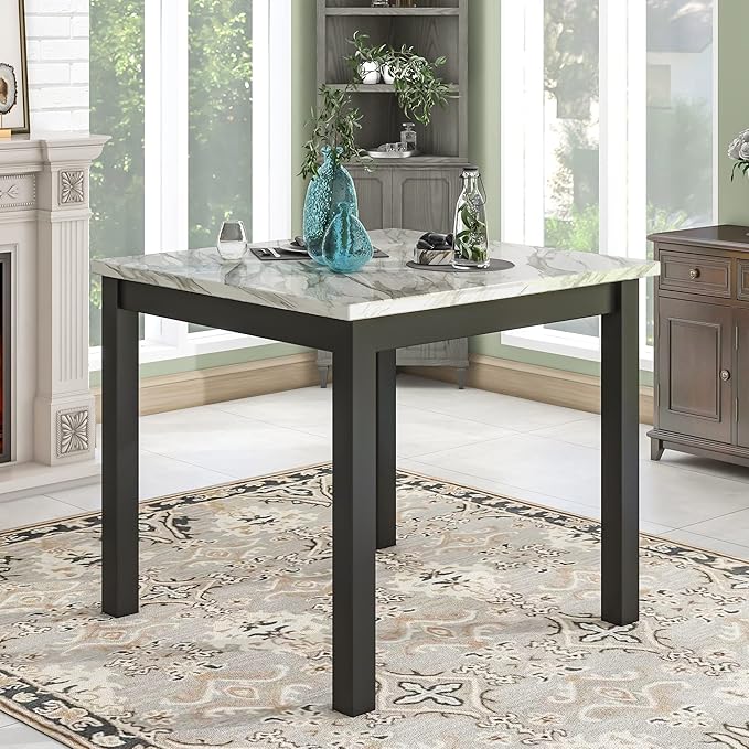 5-piece Counter Height Dining Set One Faux Marble Table and 4 Upholstered-Seat Chairs for Kitchen and Living Room Furniture, Blue - LeafyLoom