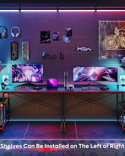 Bestier Gaming Desk with LED Lights, Computer Desk with 4 Tiers Reversible Shelves, 51.3 Inch gamer desk with Side Storage Bag, Hooks and Height Adjustable Shelf (Black Carbon Fiber) - LeafyLoom