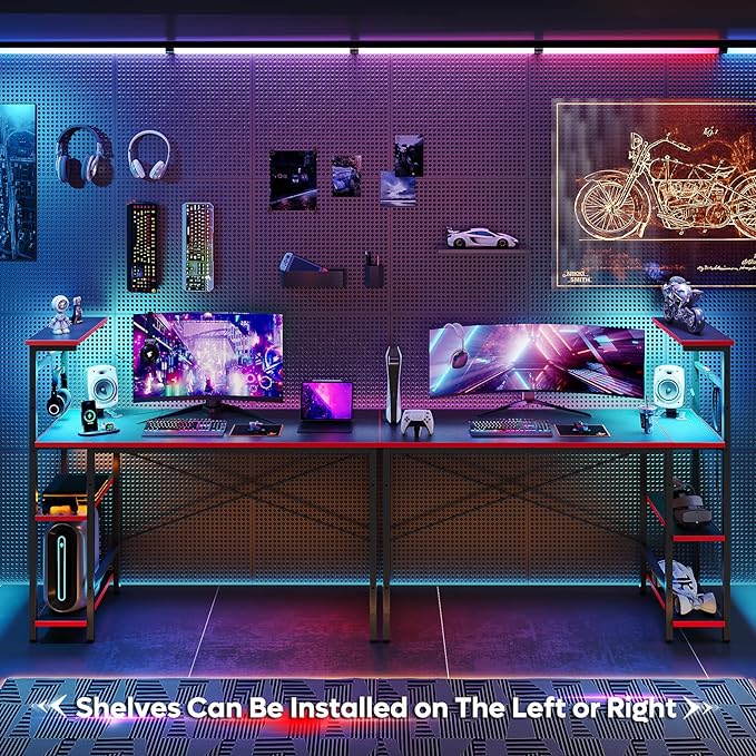 Bestier Gaming Desk with LED Lights, Computer Desk with 4 Tiers Reversible Shelves, 51.3 Inch gamer desk with Side Storage Bag, Hooks and Height Adjustable Shelf (Black Carbon Fiber) - LeafyLoom