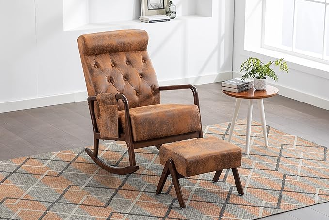 Armchair with Ottoman, Mid-Century Upholstered Accent Nursery, Glider Rocker Thick Cushion, Comfy Indoor Leisure Lounge Living Room, Bedroom, Office, Rocking Chair, Coffee - LeafyLoom