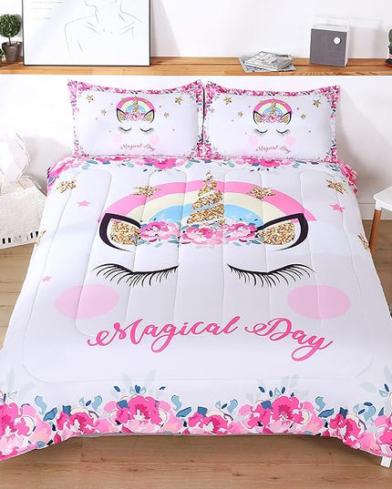 Unicorn Comforter Set 3pc Pink Flower Girl Unicorn Bedding Set for Teen Girls - LeafyLoom