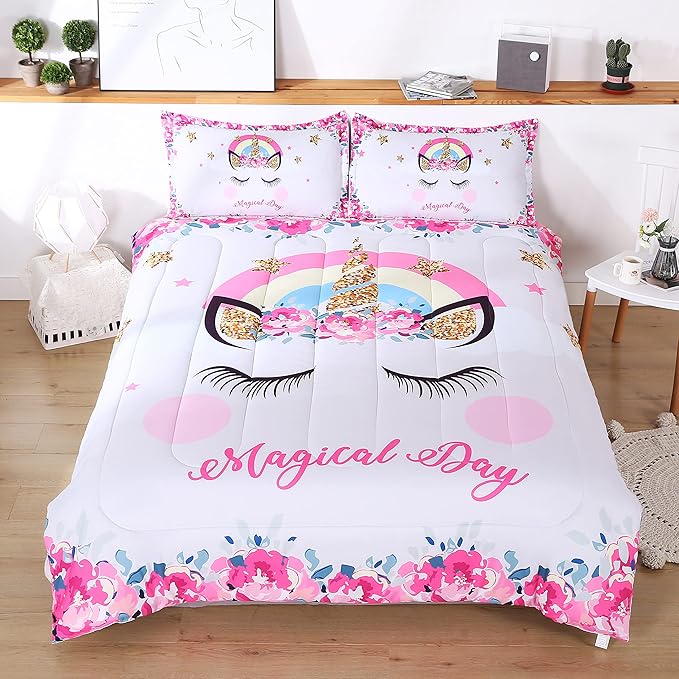 Unicorn Comforter Set 3pc Pink Flower Girl Unicorn Bedding Set for Teen Girls - LeafyLoom