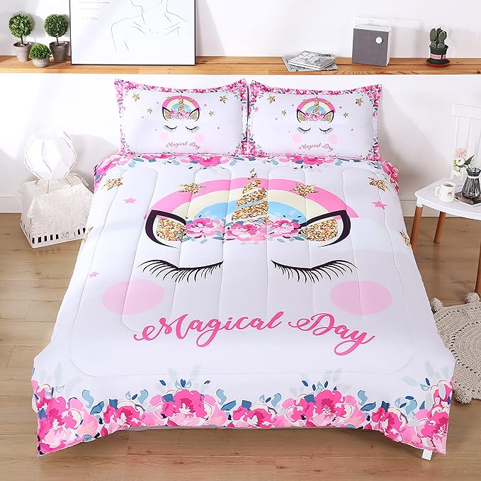 Unicorn Bedding Flower Girl Unicorn Comforter Set 3pc Soft Kid's Pink Unicorn Bedding Sets for Teen Girls - LeafyLoom