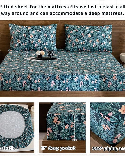 QSH Floral Egyptian Cotton Sheets King Size - Floral Bedding Sheets Botanical Pattern Printed Bedding King Size Bed Sheets 17.5" Extra Deep Pocket 4pcs - LeafyLoom
