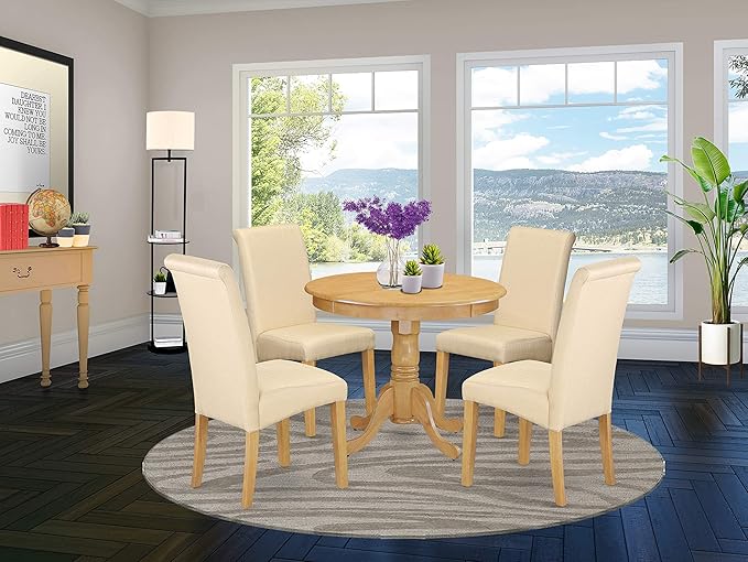 East West Furniture ANBA5-OAK-02 5 Piece Set for 4 Includes a Round Kitchen Table with Pedestal and 4 Light Beige Linen Fabric Parson Dining Chairs, 36x36 Inch - LeafyLoom