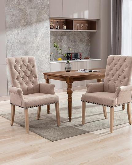 Dining Room Chairs with Arms,Tufted Upholstered High Back Nailed Trim with Untique Oak Wood Legs for Kitchen Restaurant Room Bedroom Ivory Brown - LeafyLoom
