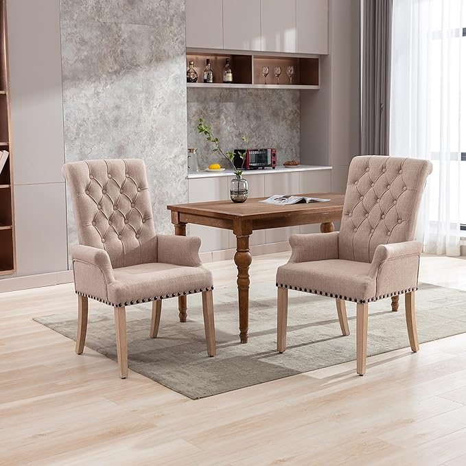 Dining Room Chairs with Arms,Tufted Upholstered High Back Nailed Trim with Untique Oak Wood Legs for Kitchen Restaurant Room Bedroom Ivory Brown - LeafyLoom