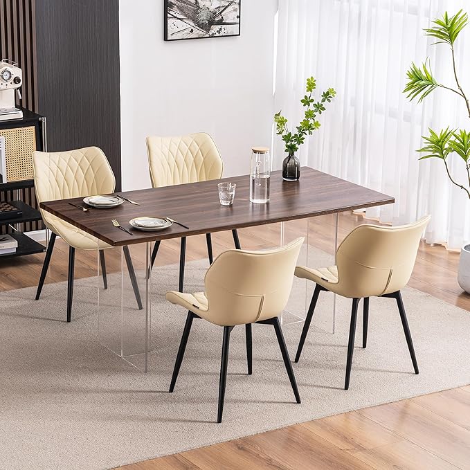 YOUNIKE Dining Chairs Set of 2, Upholstered Faux Leather Kitchen Chairs Dining Room Chairs, Modern Living Room Bedroom Side Chairs with Wide Curved Back and Adjustable Metal Legs, Beige - LeafyLoom