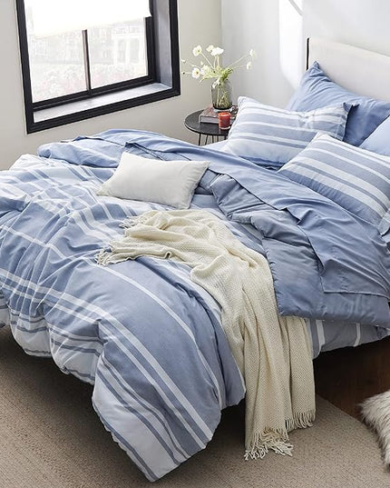 Bedsure Bed in a Bag Queen 7 Pieces - Blue Striped Comforter Set Queen All Season Bed Set, Bed Set Queen Size with 1 Comforter, 1 Flat Sheet, 1 Fitted Sheet, 2 Pillowcases & 2 Shams - LeafyLoom