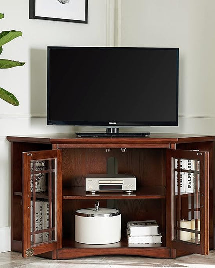 Leick Home 82287 Solid Wood Mission Oak Two Door Corner Stand For 50" Living Room Storage Shelves Entertainment Center, TV Console, 46 x 20 x 25 - LeafyLoom