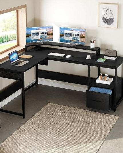 YITAHOME L Shaped Desk with File Drawer, 65" Large Computer Desk Corner Desk with Lift Top, Standing Desk Height Adjustable with Monitor Stand & Storage Shelves for Home Office, Black - LeafyLoom
