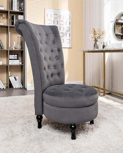 Royal Velvet Accent Chair for Vanity with Storage and Luxurious Upholstery, Retro Design and Versatile Usage for Living Room, Bedroom, Lounge and Office, Grey - LeafyLoom