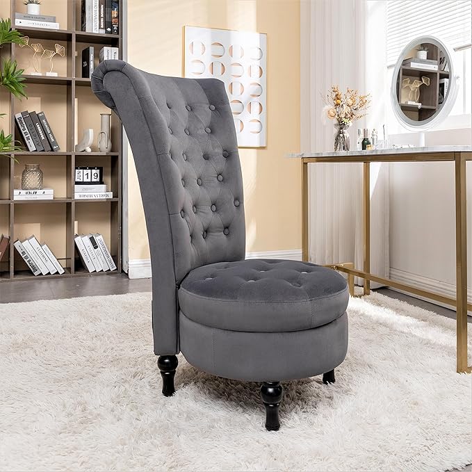 Royal Velvet Accent Chair for Vanity with Storage and Luxurious Upholstery, Retro Design and Versatile Usage for Living Room, Bedroom, Lounge and Office, Grey - LeafyLoom