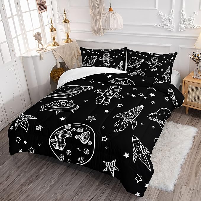 Datura home Kids Space Astronaut Comforter Set for Boys Kids Children,Galaxy Space Ship Astronaut Rocket Printed Bedding Set with 1 Comforter & 2 Pillowcases(Space Galaxy Queen), Queen 90x90inches - LeafyLoom