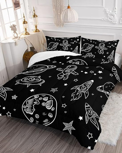 Datura home Kids Space Astronaut Comforter Set for Boys Kids Children,Galaxy Space Ship Astronaut Rocket Printed Bedding Set with 1 Comforter and 2 Pillowcases(Space Galaxy Twin), Twin 68x86inches - LeafyLoom