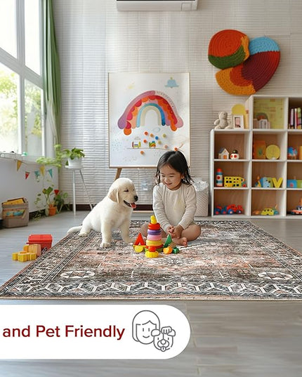 nuLOOM 6 Square Machine Washable Rain Haven Vintage Medallion Area Rug, Rust, Traditional Faded Design, Non-Slip Backing, Stain Resistant, For Bedroom, Dining Room, Living Room, Kitchen - LeafyLoom