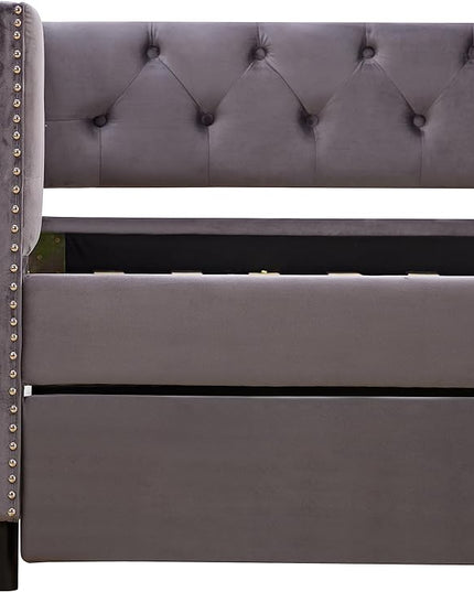 Velvet Upholstered Full Size Daybed with Twin Trundle, Solid Wooden Sofa Bed Frame w/Button Tufted Backrest, No Box Spring Needed, for Bedroom, Living, Guest Room - LeafyLoom