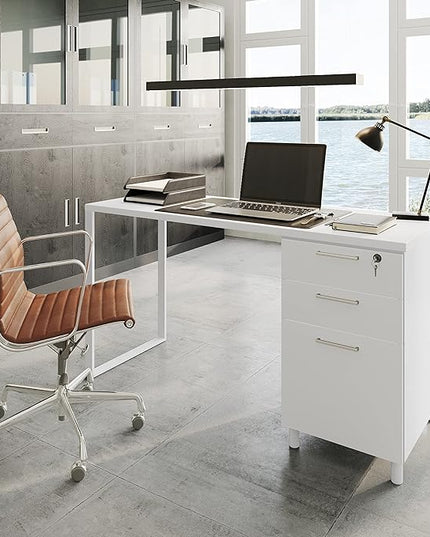 Milano Home Office Desk - 47 Inch White/White Home Office Desk with Drawers - Modern Computer Desk with Storage, Detachable & Lockable Computer Cabinet - Wooden Office, Study, and Writing Table - LeafyLoom