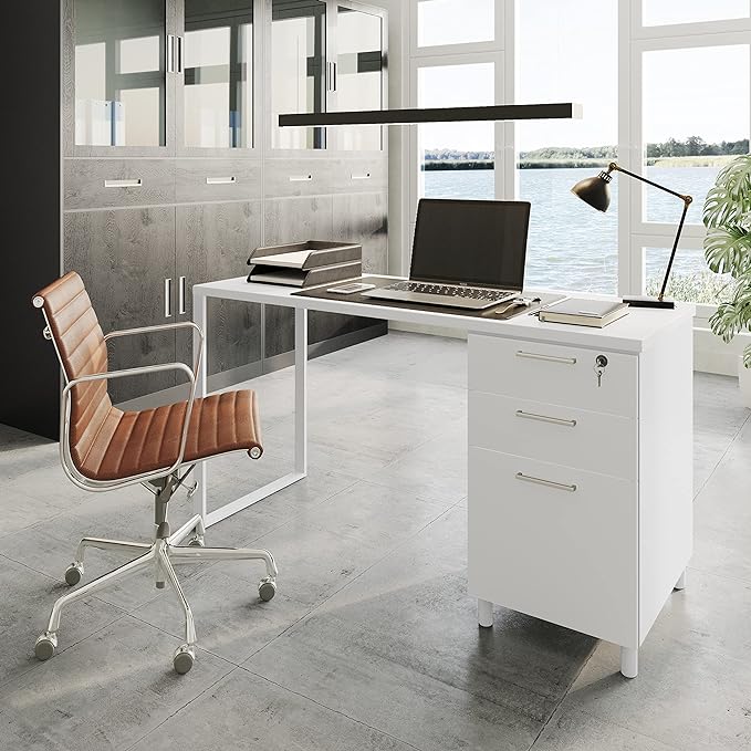 Milano Home Office Desk - 47 Inch White/White Home Office Desk with Drawers - Modern Computer Desk with Storage, Detachable & Lockable Computer Cabinet - Wooden Office, Study, and Writing Table - LeafyLoom