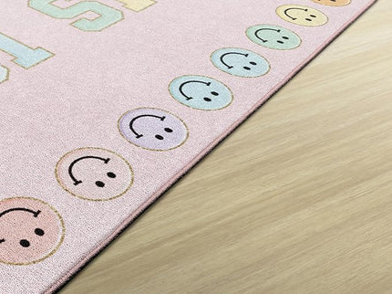 Flagship Carpets Schoolgirl Style This is Our Happy Place on Pink Educational Area Rug for Kids Room Seating Décor, Children's Classroom, Play Carpet for Teaching and Playroom, 5' x 7'6" - LeafyLoom