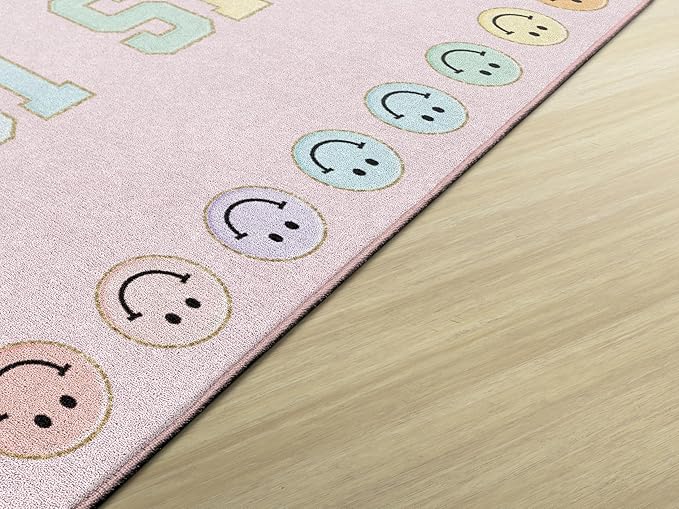 Flagship Carpets Schoolgirl Style This is Our Happy Place on Pink Educational Area Rug for Kids Room Seating Décor, Children's Classroom, Play Carpet for Teaching and Playroom, 5' x 7'6" - LeafyLoom